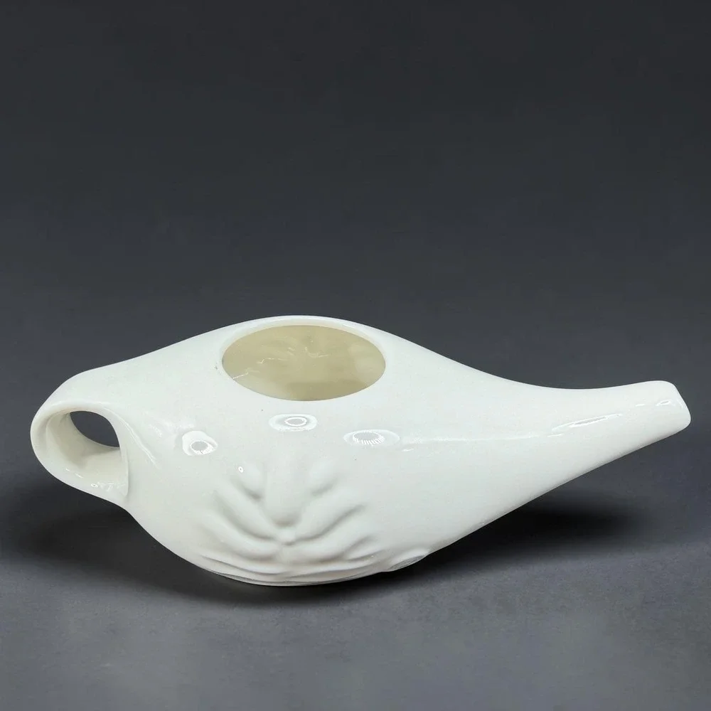 Himalayan Institute Varcho Veda Ceramic Neti Pot White Lotus Flower Design 7in
